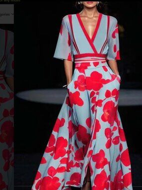Blue And Red Floral Wrap Maxi Dress